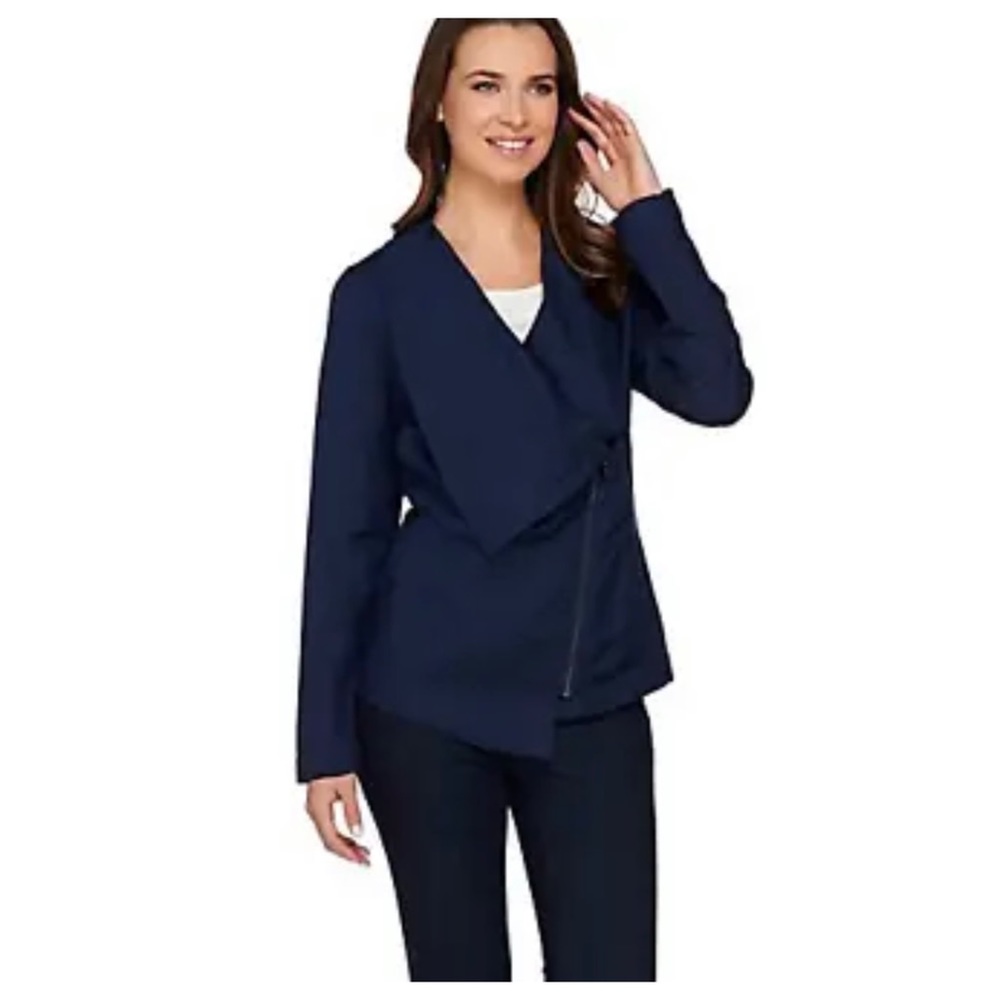 H by Halston Womens 28W Draped Zip Front Linen Blend Blazer Pockets Navy Blue.
